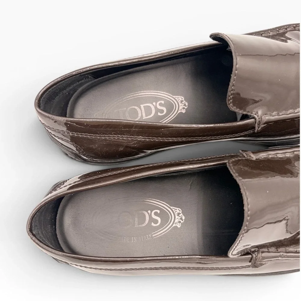 Tod's Loafers 37 Dark Academia Brown Patent Leather Gomma Vibram Platform Shoes